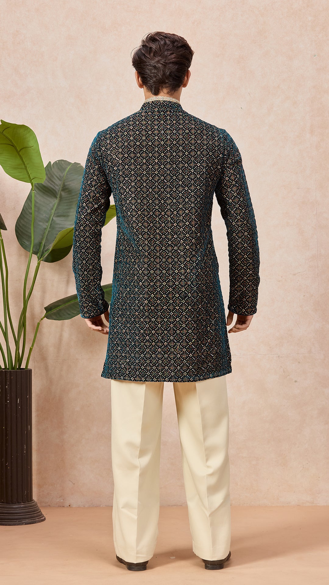 Peacock Blue V-Neck Short Kurta Set for Men with Korean Pants