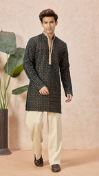 Peacock Blue V-Neck Short Kurta Set for Men with Korean Pants