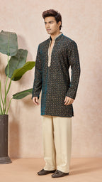 Peacock Blue V-Neck Short Kurta Set for Men with Korean Pants