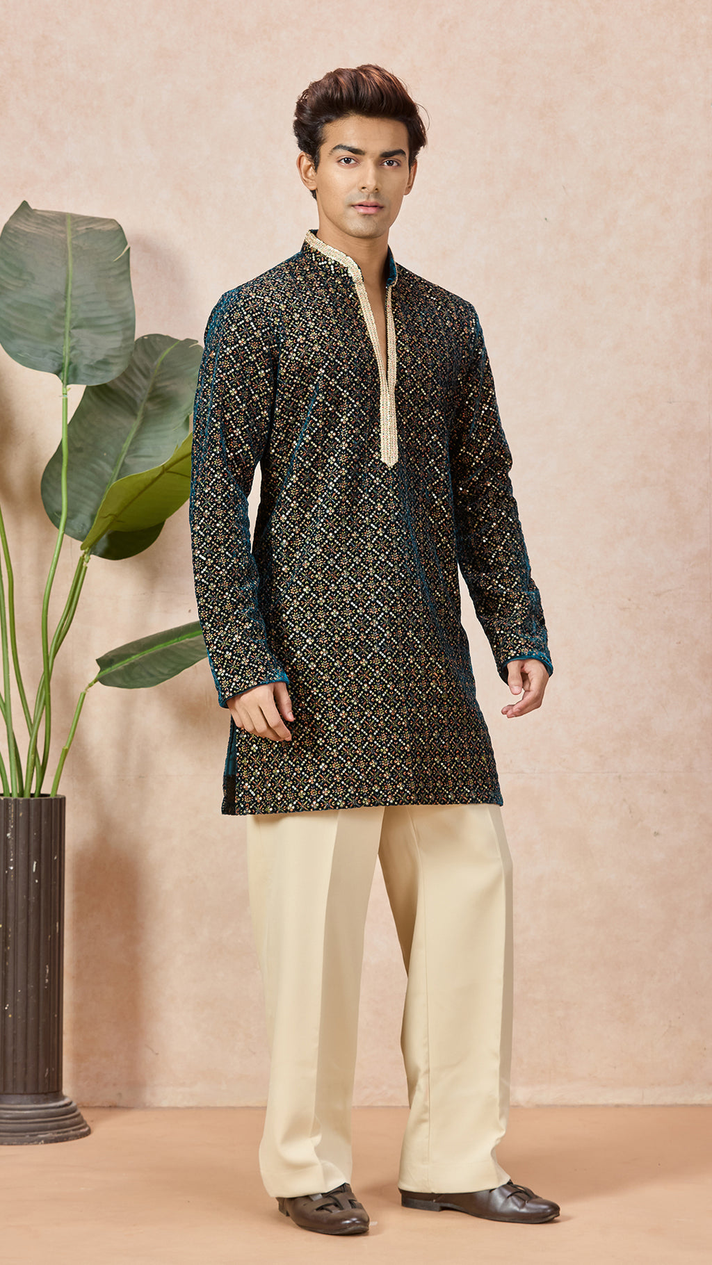 Peacock Blue V-Neck Short Kurta Set for Men with Korean Pants