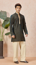 Peacock Blue V-Neck Short Kurta Set for Men with Korean Pants