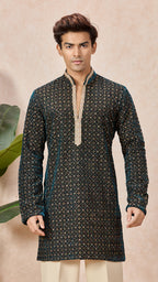 Peacock Blue V-Neck Short Kurta Set for Men with Korean Pants