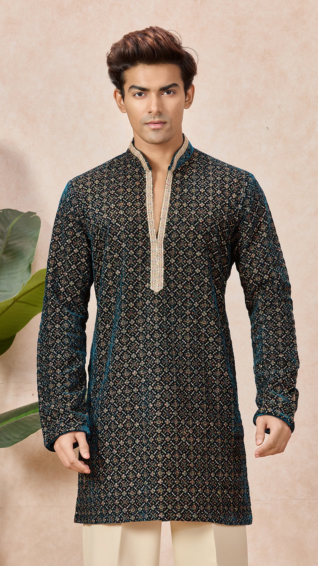 Peacock Blue V-Neck Short Kurta Set for Men with Korean Pants
