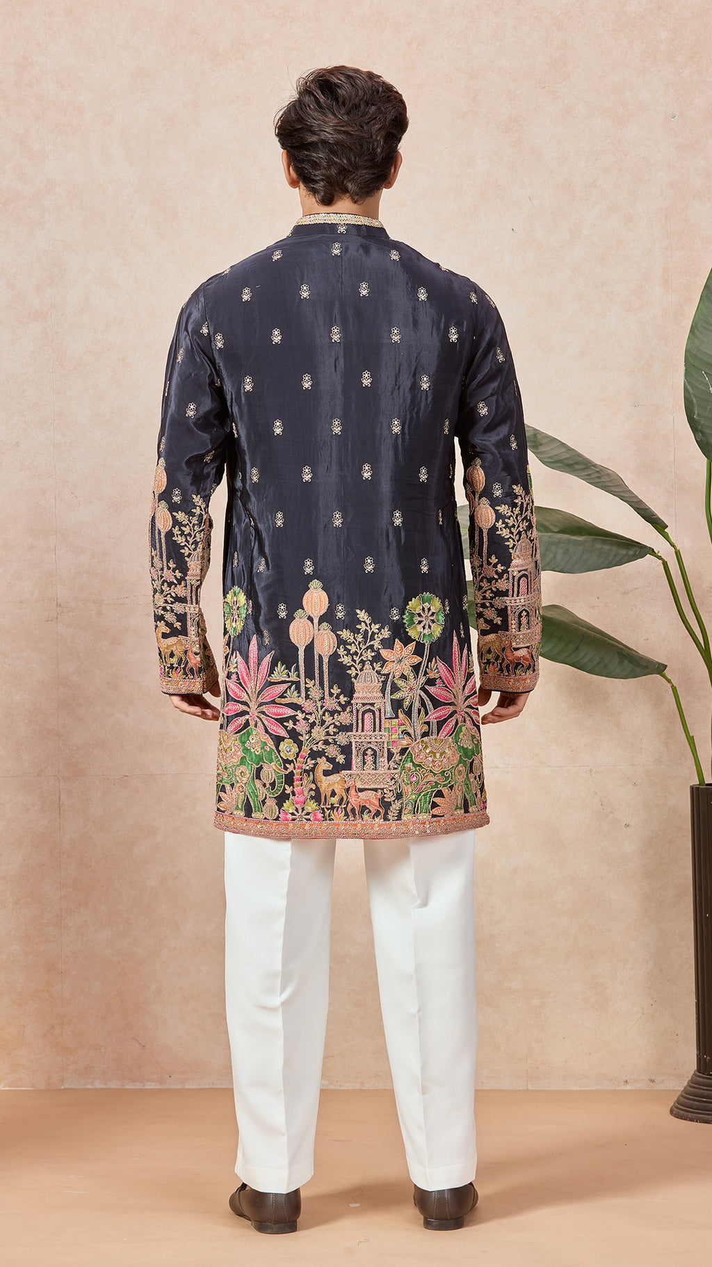 Navy V-Neck Short Kurta Set for Men with Korean Pants