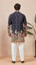 Navy V-Neck Short Kurta Set for Men with Korean Pants