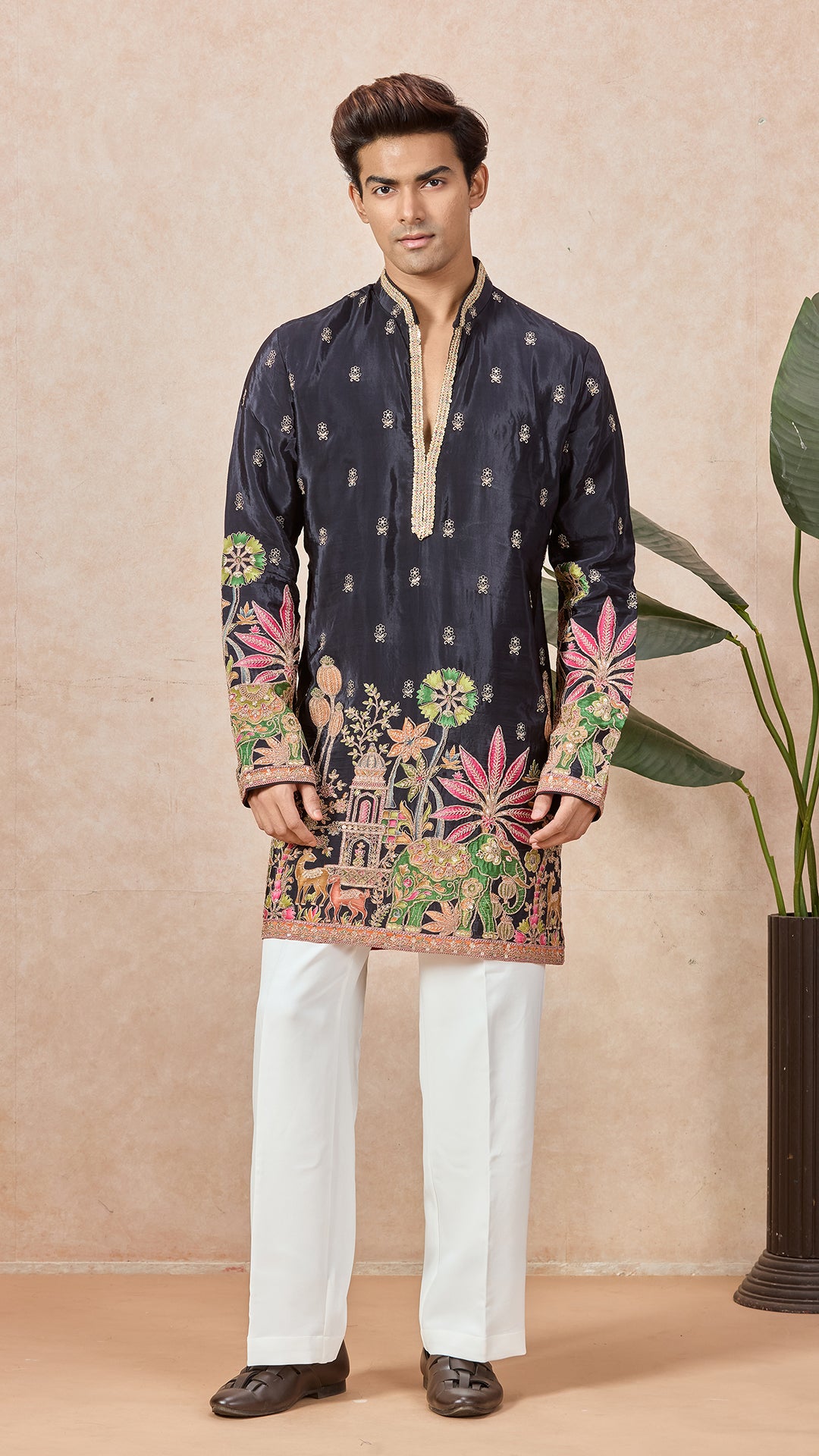 Navy V-Neck Short Kurta Set for Men with Korean Pants