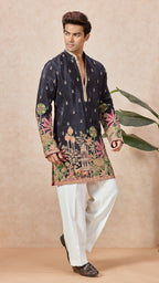 Navy V-Neck Short Kurta Set for Men with Korean Pants