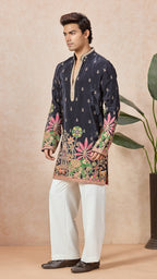 Navy V-Neck Short Kurta Set for Men with Korean Pants