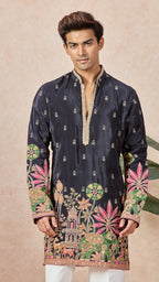 Navy V-Neck Short Kurta Set for Men with Korean Pants