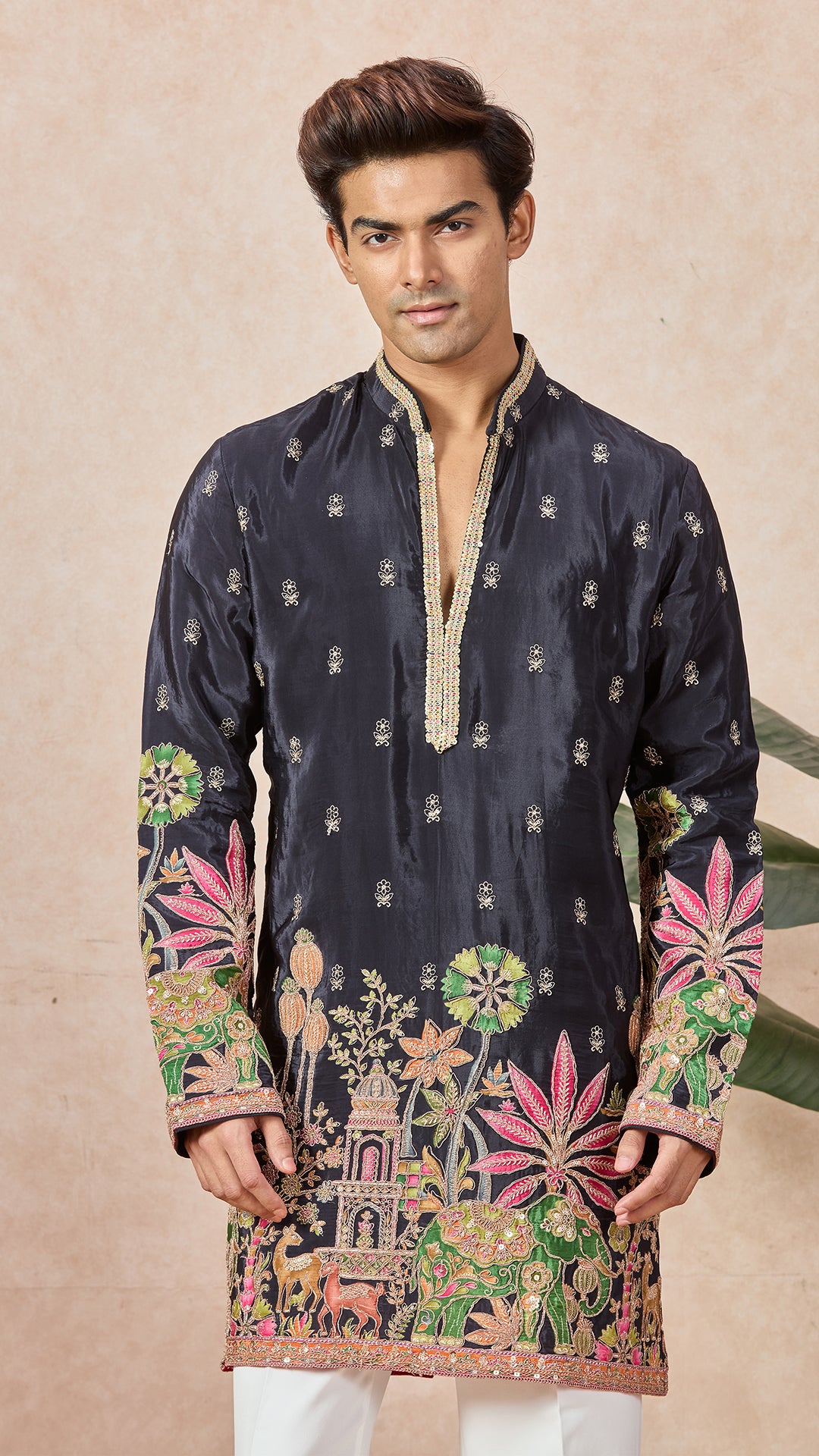 Navy V-Neck Short Kurta Set for Men with Korean Pants