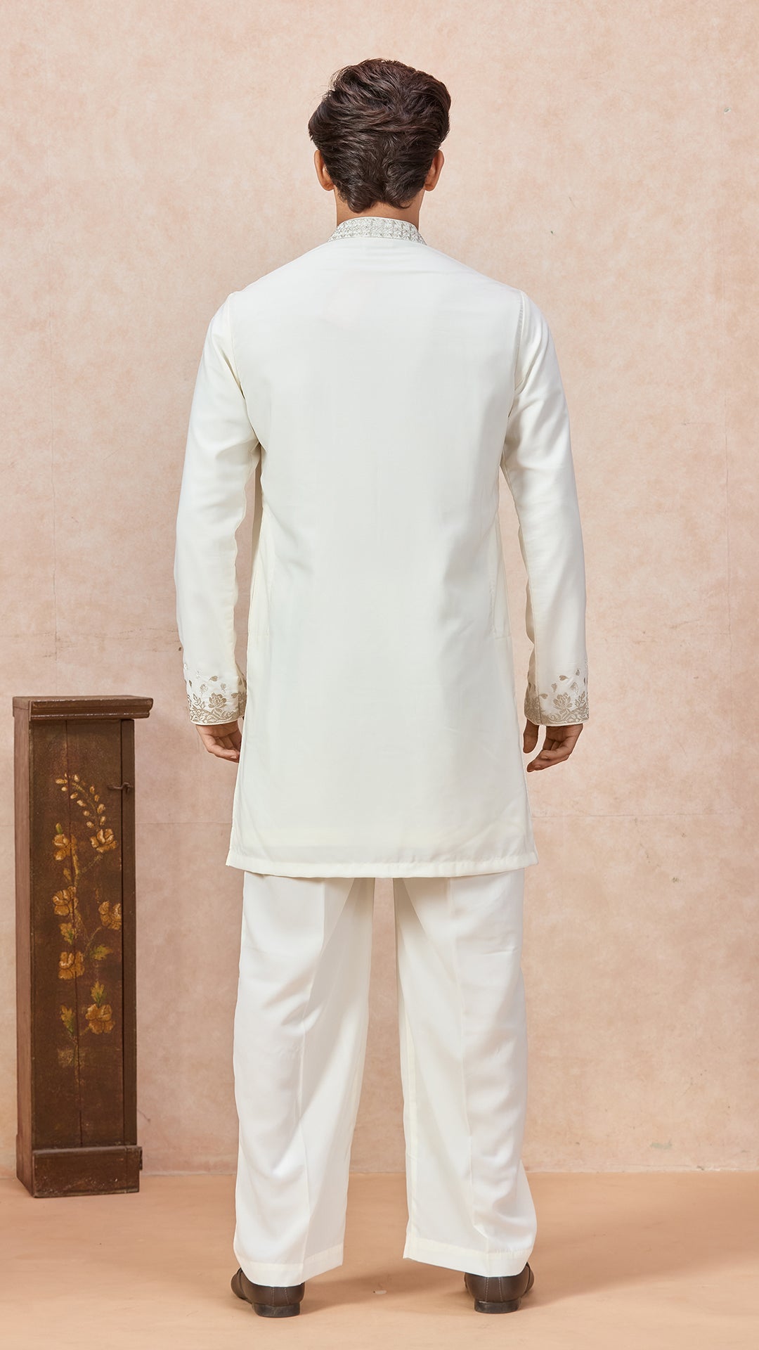 Cream V-Neck Short Kurta Set for Men with Korean Pants