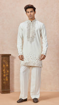 Cream V-Neck Short Kurta Set for Men with Korean Pants