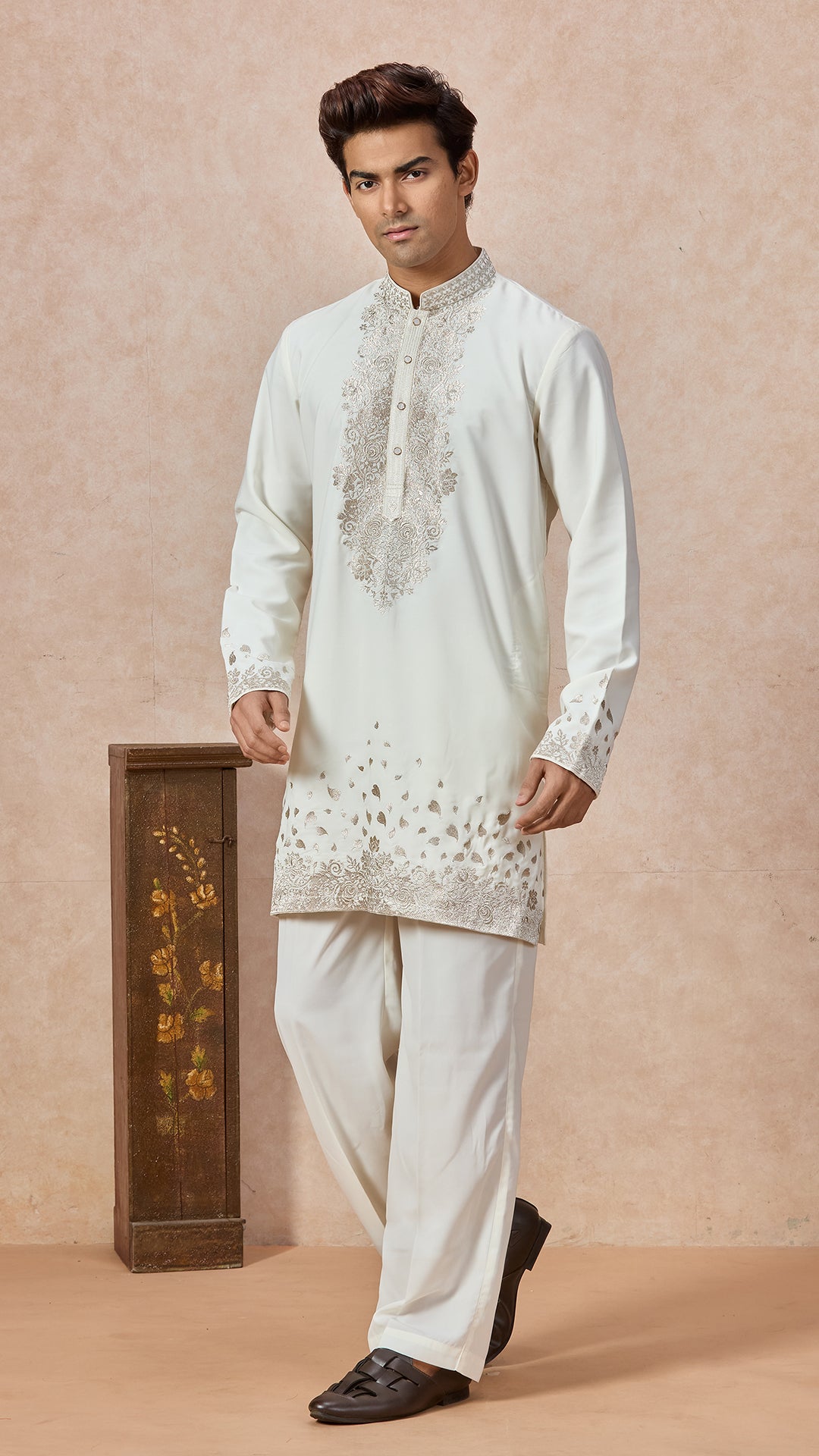 Cream V-Neck Short Kurta Set for Men with Korean Pants