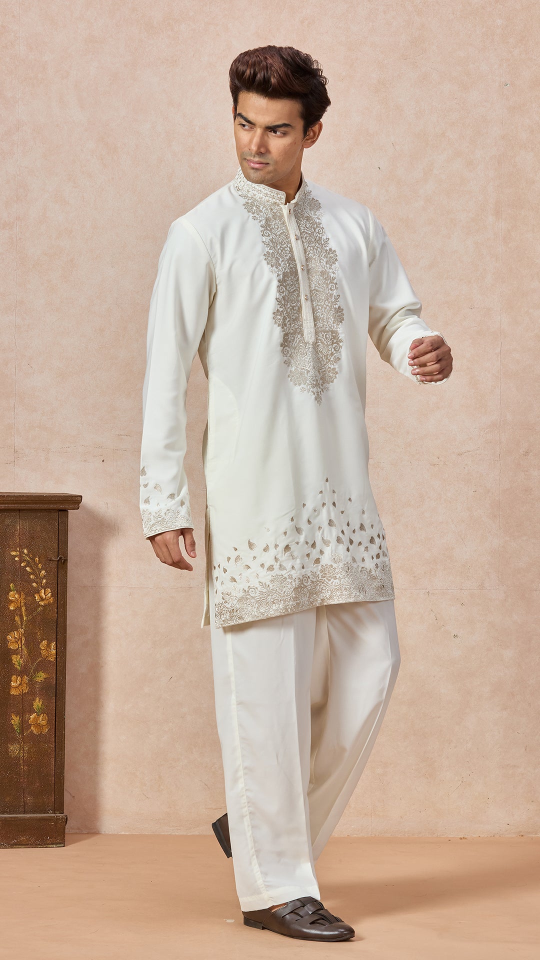 Cream V-Neck Short Kurta Set for Men with Korean Pants