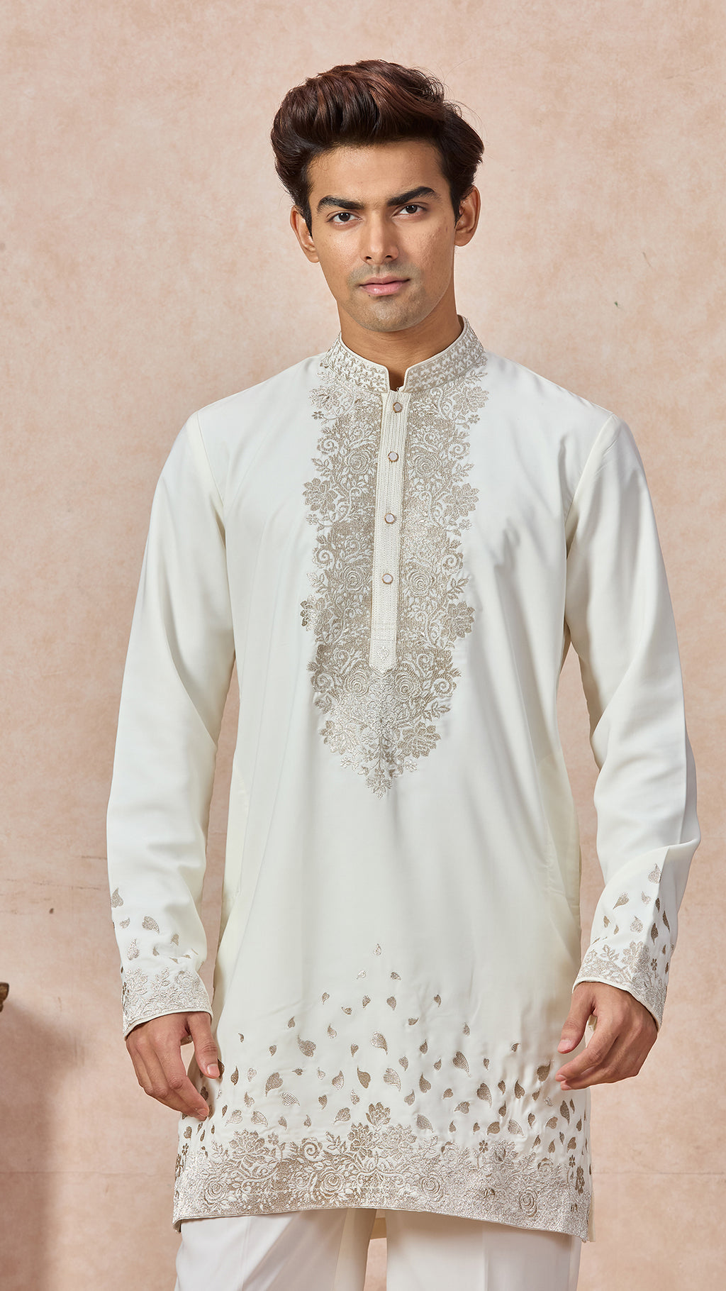 Cream V-Neck Short Kurta Set for Men with Korean Pants