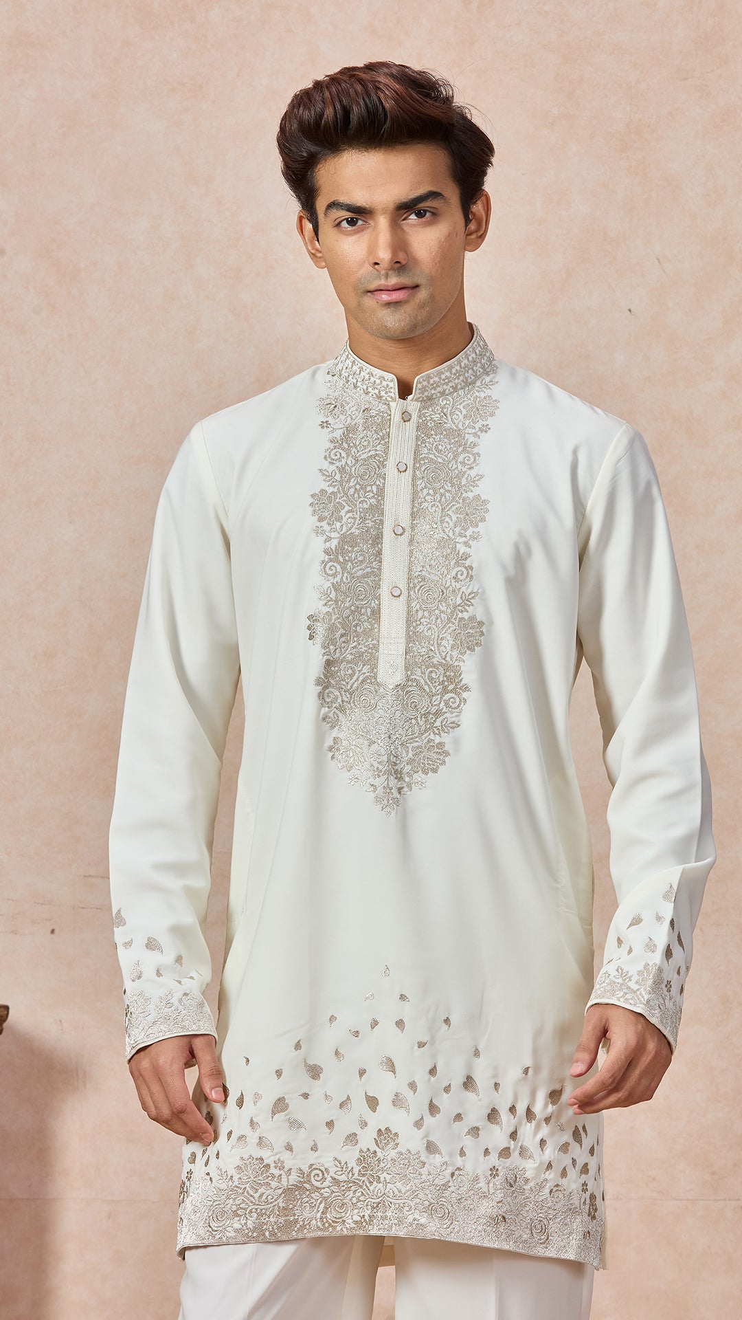 Cream V-Neck Short Kurta Set for Men with Korean Pants