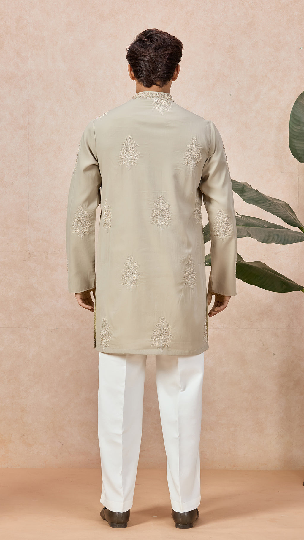 Beige V-Neck Short Kurta Set for Men with Korean Pants