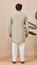 Beige V-Neck Short Kurta Set for Men with Korean Pants