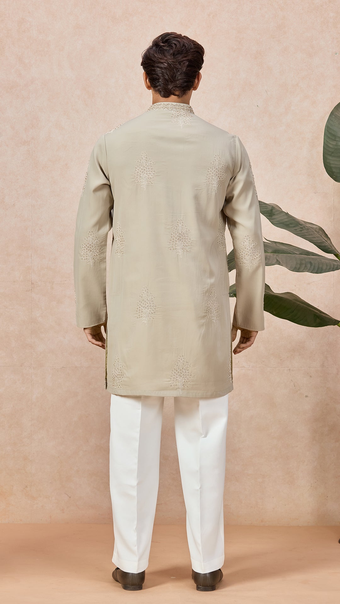 Beige V-Neck Short Kurta Set for Men with Korean Pants