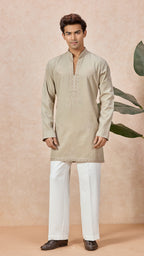 Beige V-Neck Short Kurta Set for Men with Korean Pants