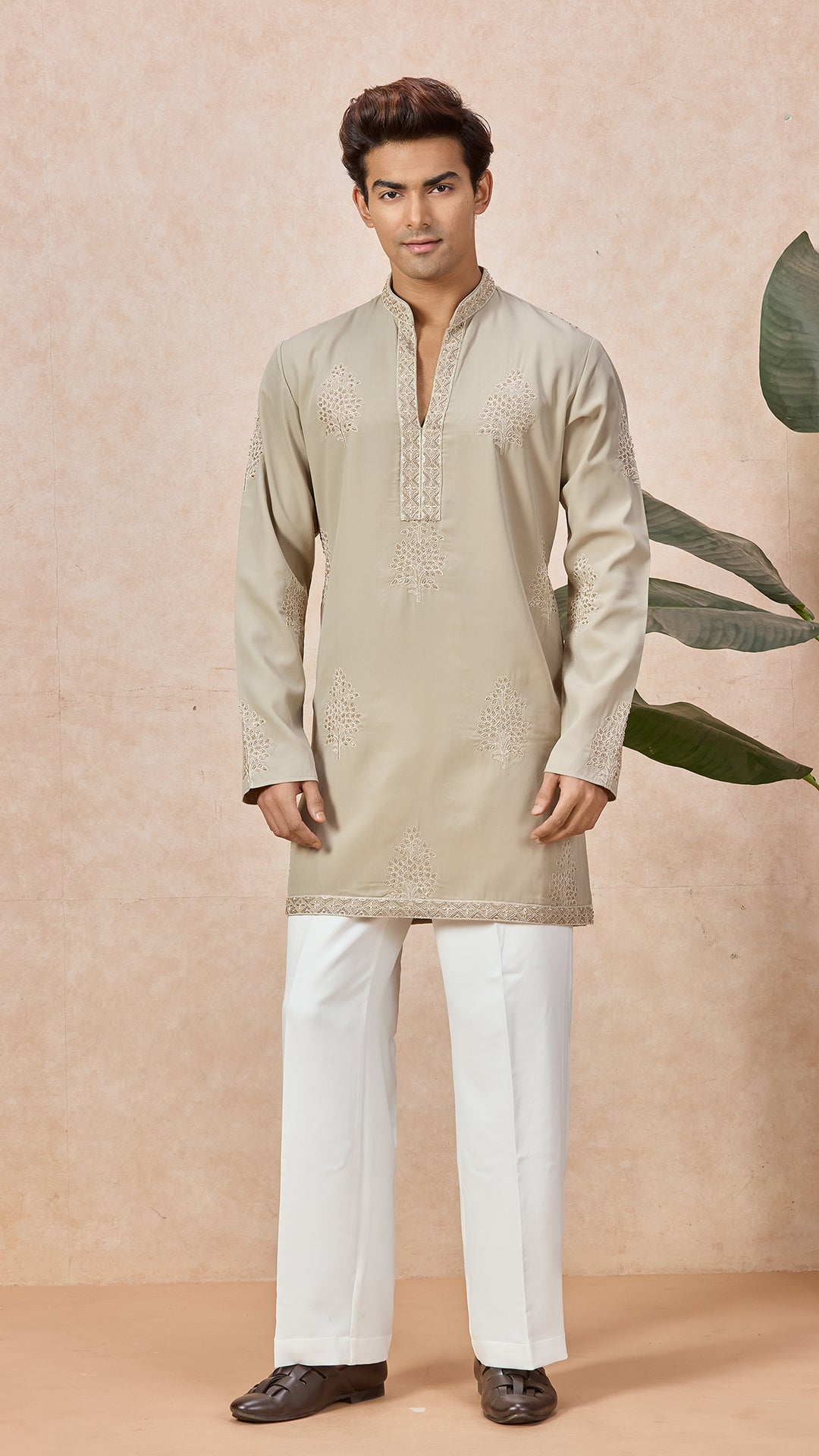 Beige V-Neck Short Kurta Set for Men with Korean Pants