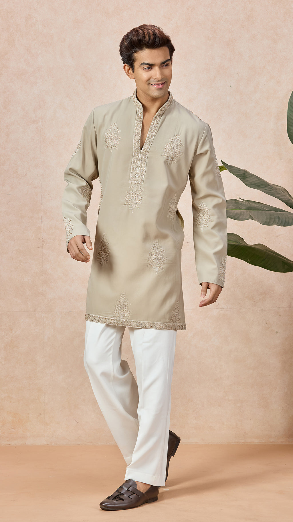 Beige V-Neck Short Kurta Set for Men with Korean Pants