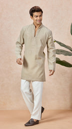 Beige V-Neck Short Kurta Set for Men with Korean Pants