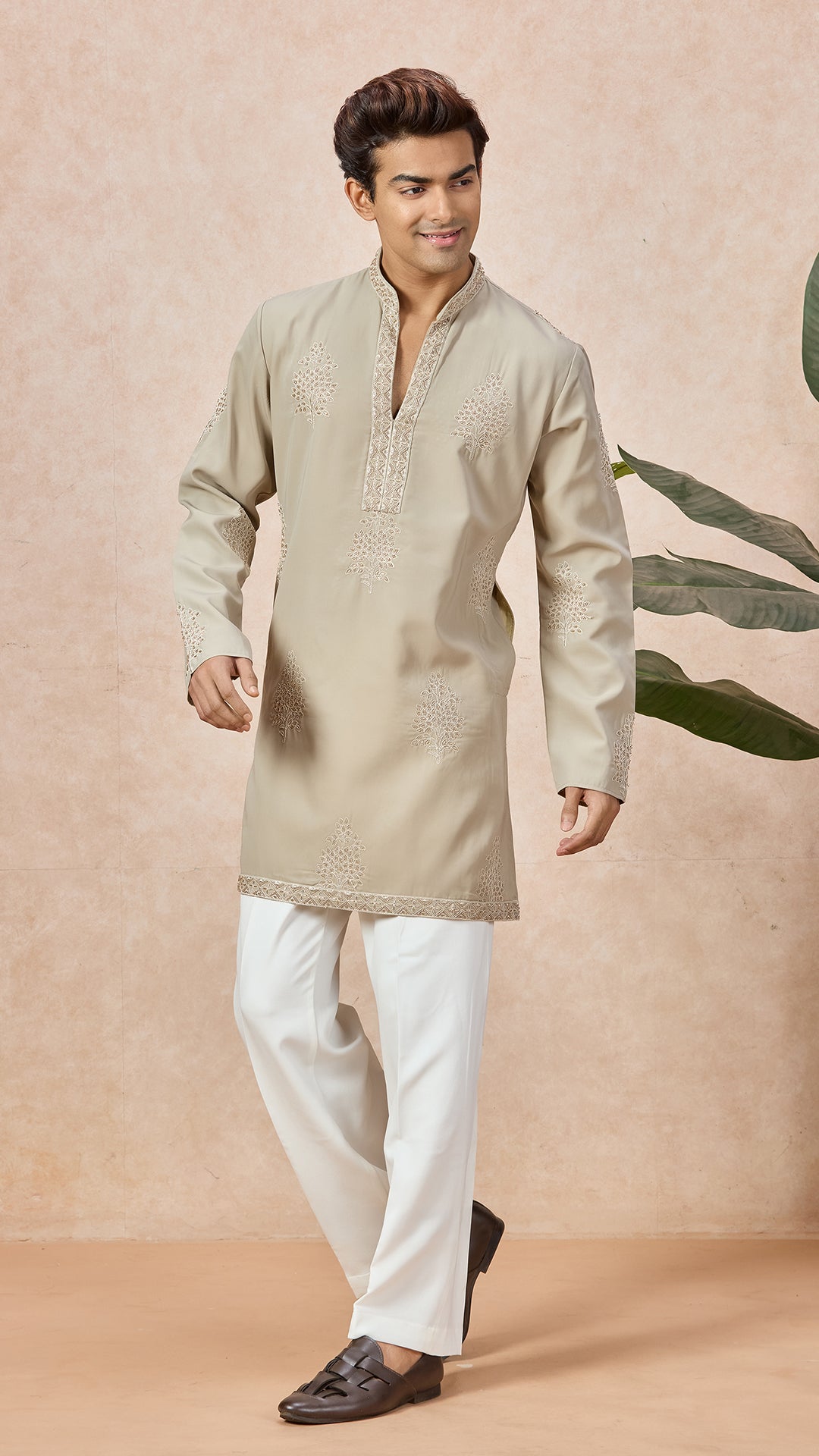 Beige V-Neck Short Kurta Set for Men with Korean Pants
