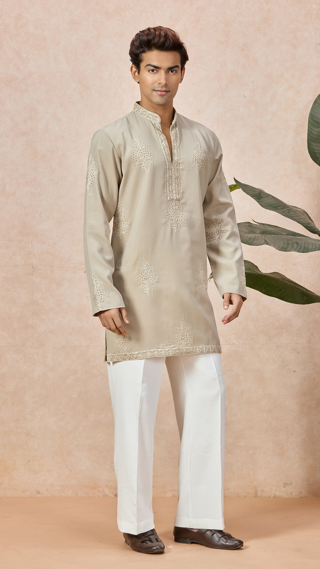 Beige V-Neck Short Kurta Set for Men with Korean Pants
