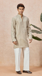 Beige V-Neck Short Kurta Set for Men with Korean Pants