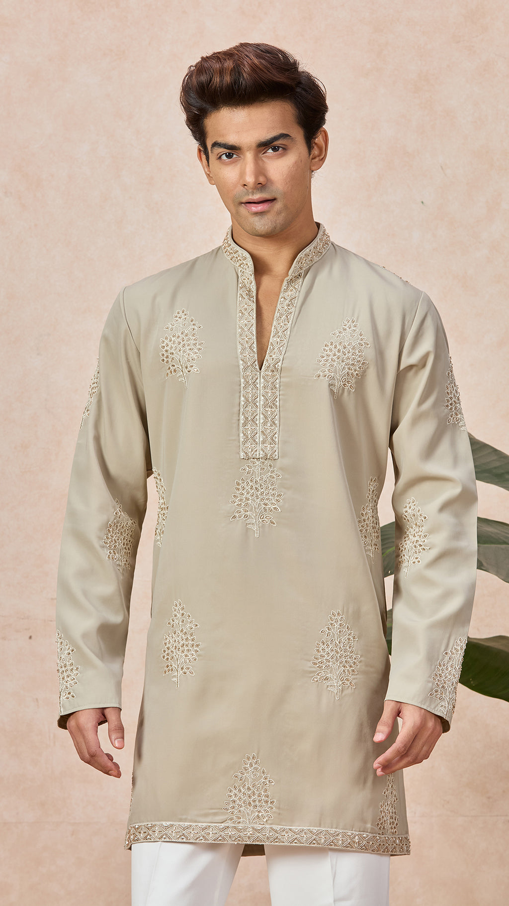 Beige V-Neck Short Kurta Set for Men with Korean Pants