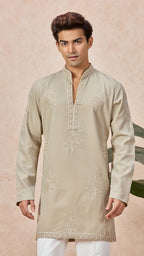 Beige V-Neck Short Kurta Set for Men with Korean Pants