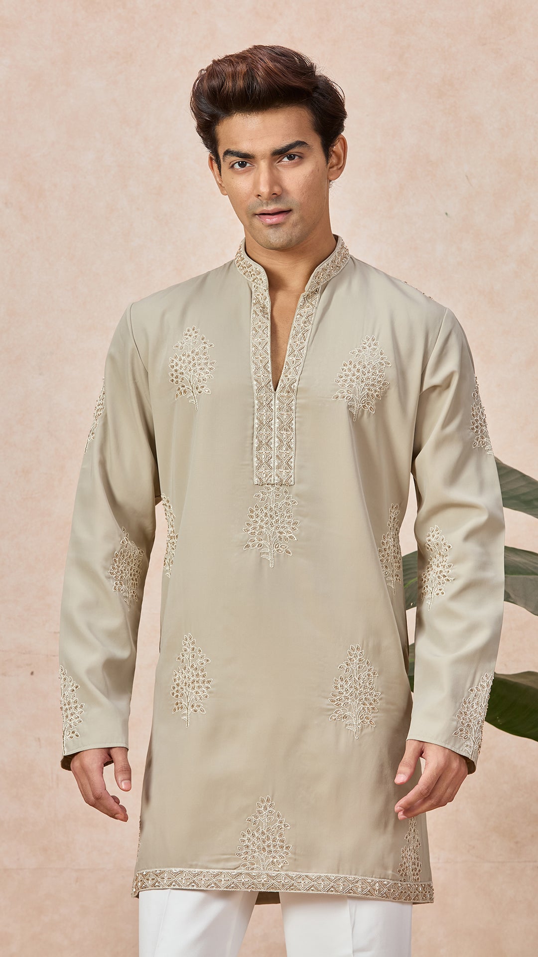 Beige V-Neck Short Kurta Set for Men with Korean Pants