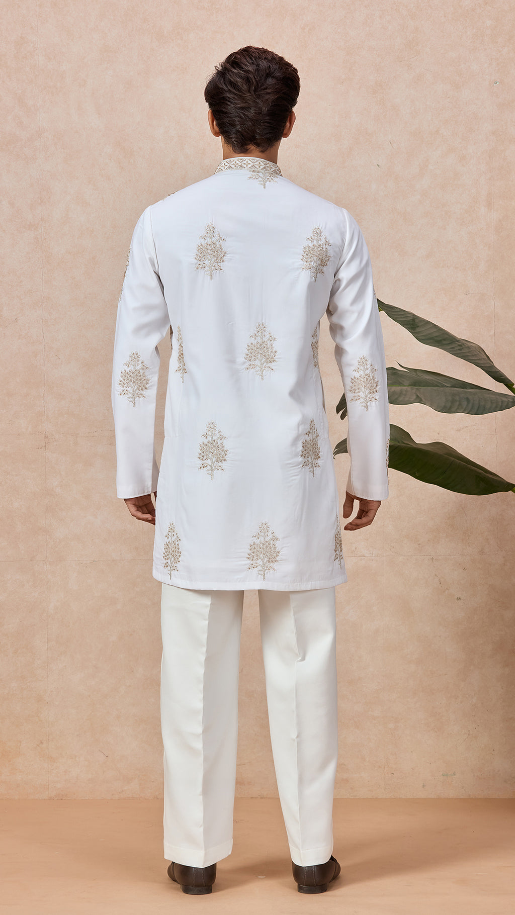 Ivory V-Neck Short Kurta Set for Men with Korean Pants