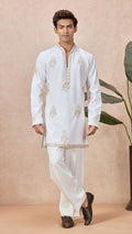 Ivory V-Neck Short Kurta Set for Men with Korean Pants