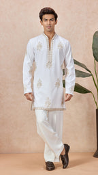 Ivory V-Neck Short Kurta Set for Men with Korean Pants