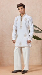 Ivory V-Neck Short Kurta Set for Men with Korean Pants