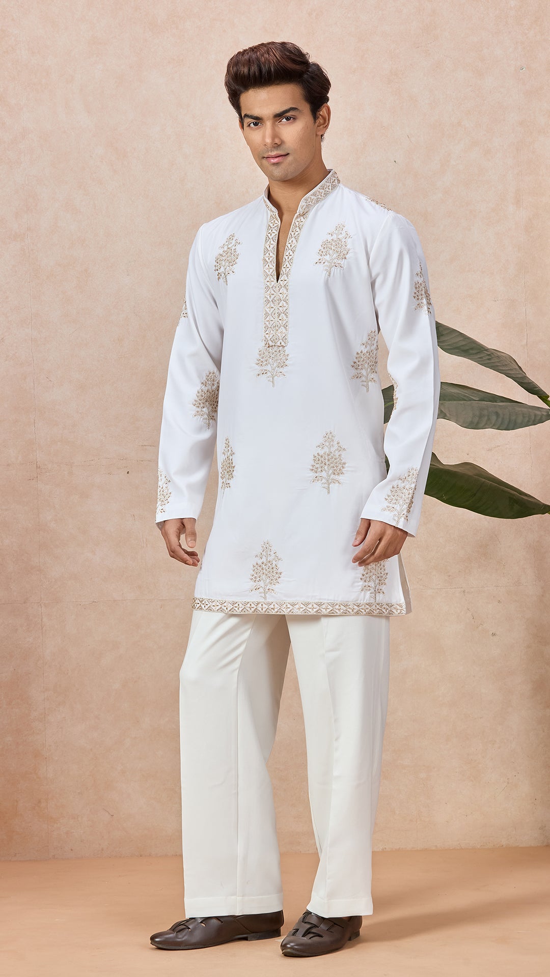 Ivory V-Neck Short Kurta Set for Men with Korean Pants