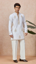 Ivory V-Neck Short Kurta Set for Men with Korean Pants