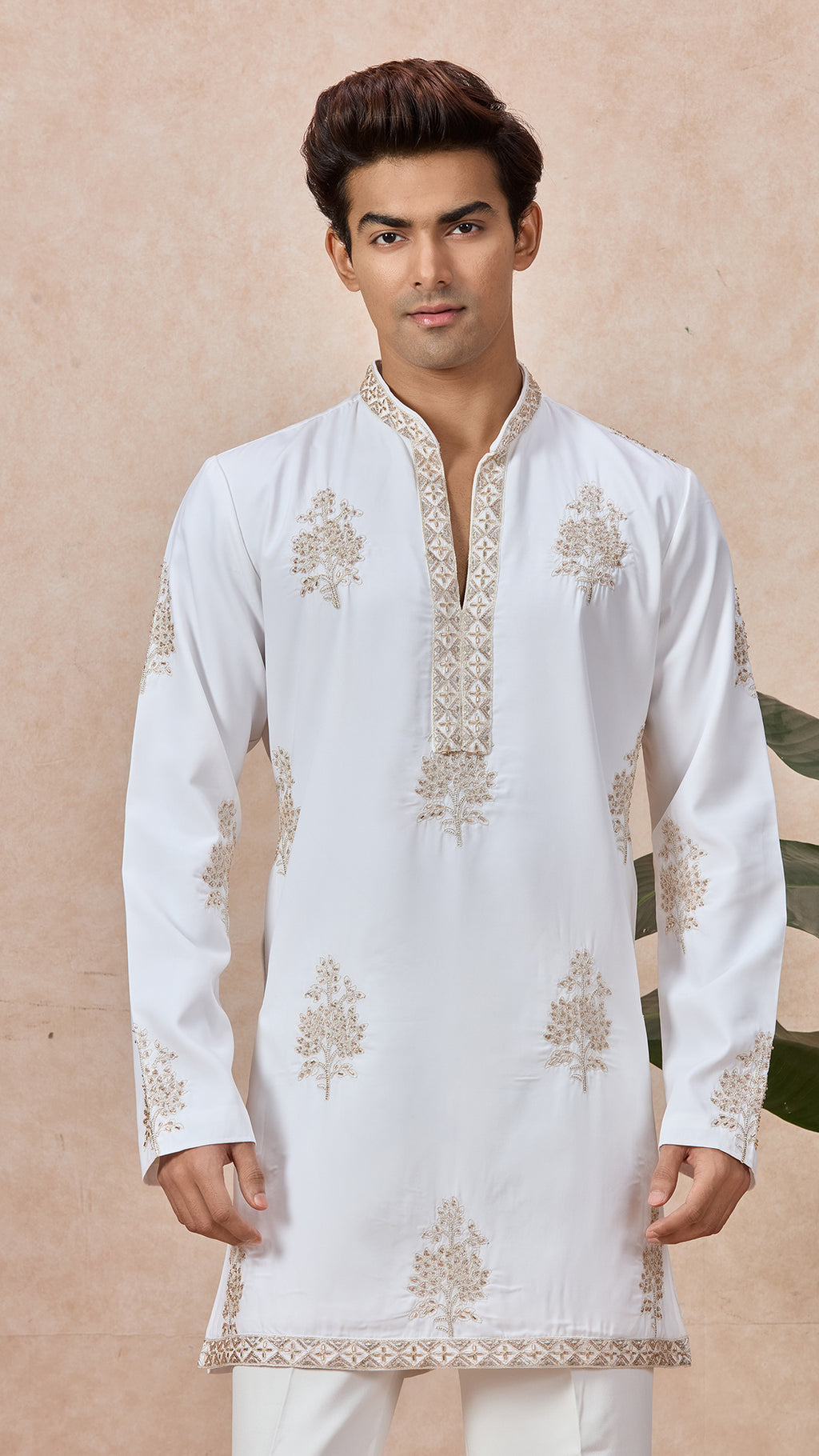 Ivory V-Neck Short Kurta Set for Men with Korean Pants