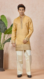 Gold V-Neck Short Kurta Set for Men with Korean Pants