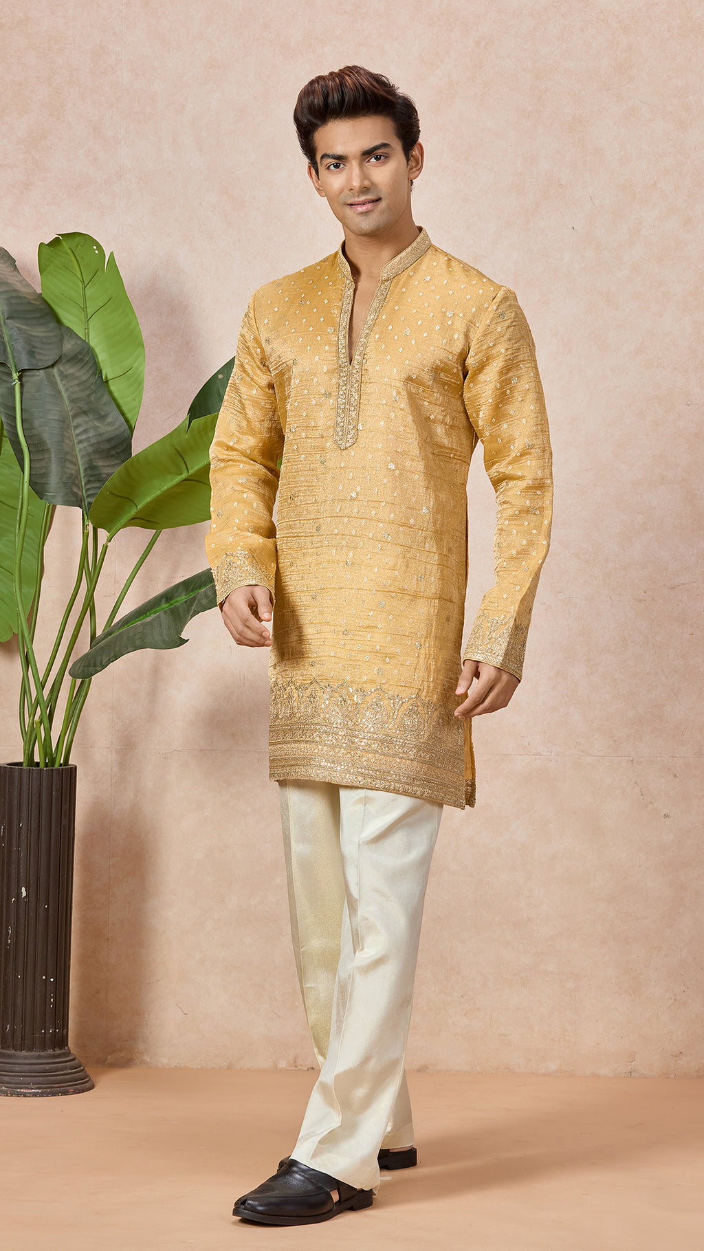 Gold V-Neck Short Kurta Set for Men with Korean Pants
