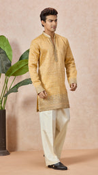 Gold V-Neck Short Kurta Set for Men with Korean Pants