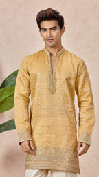 Gold V-Neck Short Kurta Set for Men with Korean Pants