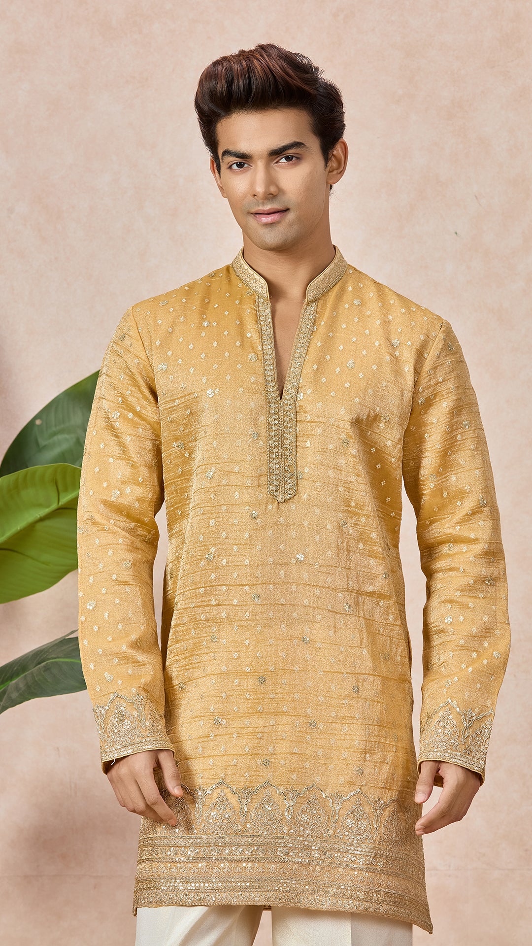 Gold V-Neck Short Kurta Set for Men with Korean Pants