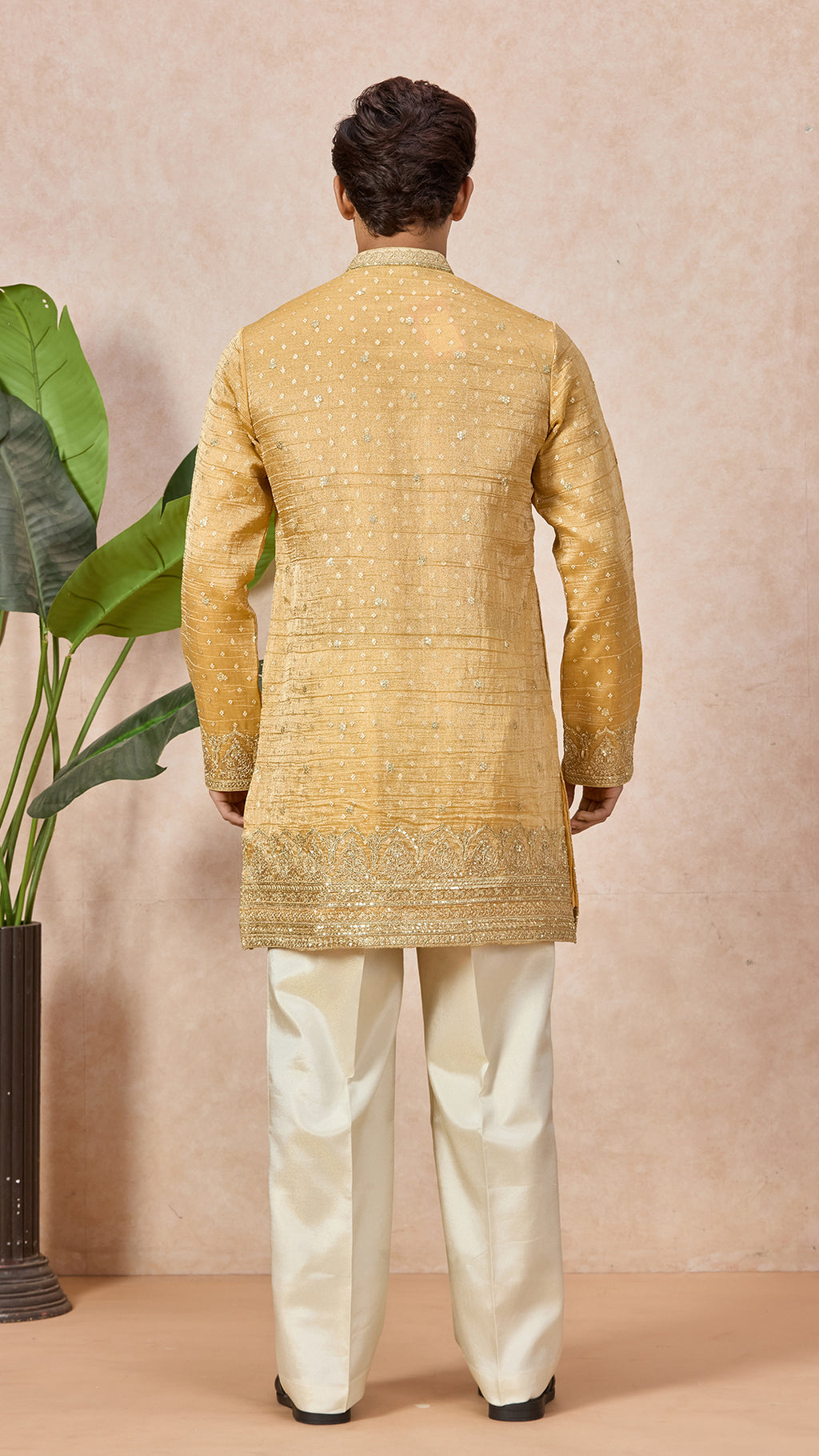 Gold V-Neck Short Kurta Set for Men with Korean Pants