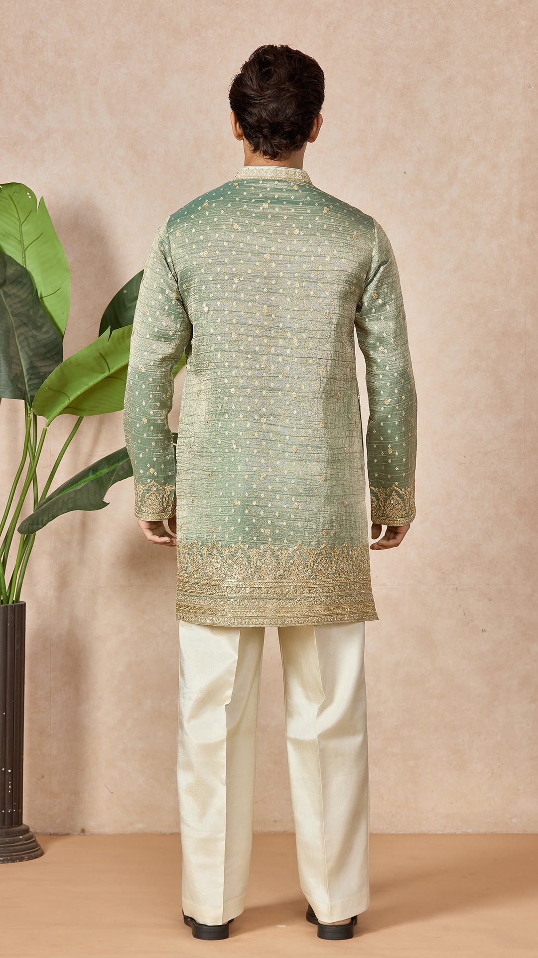 Green Pista V-Neck Short Kurta Set for Men with Korean Pants