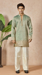Green Pista V-Neck Short Kurta Set for Men with Korean Pants