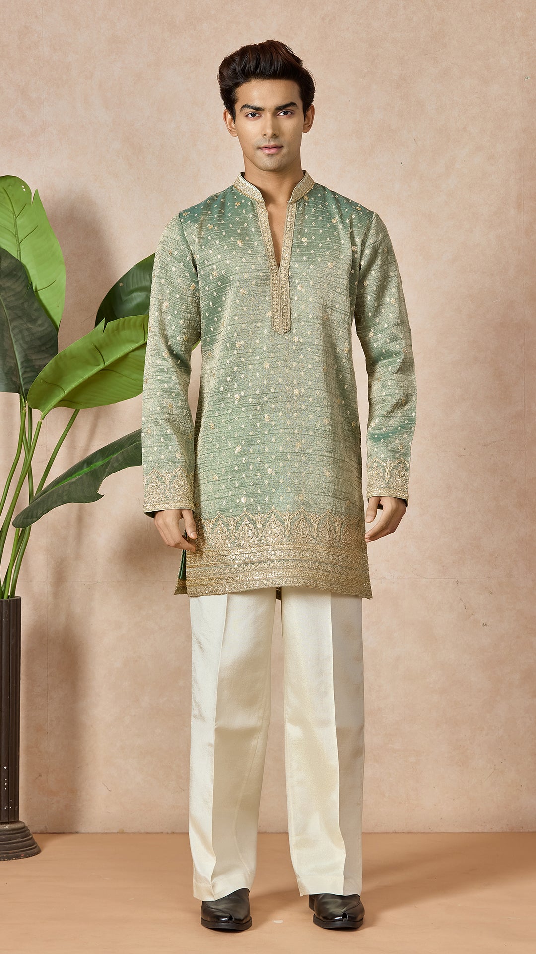 Green Pista V-Neck Short Kurta Set for Men with Korean Pants