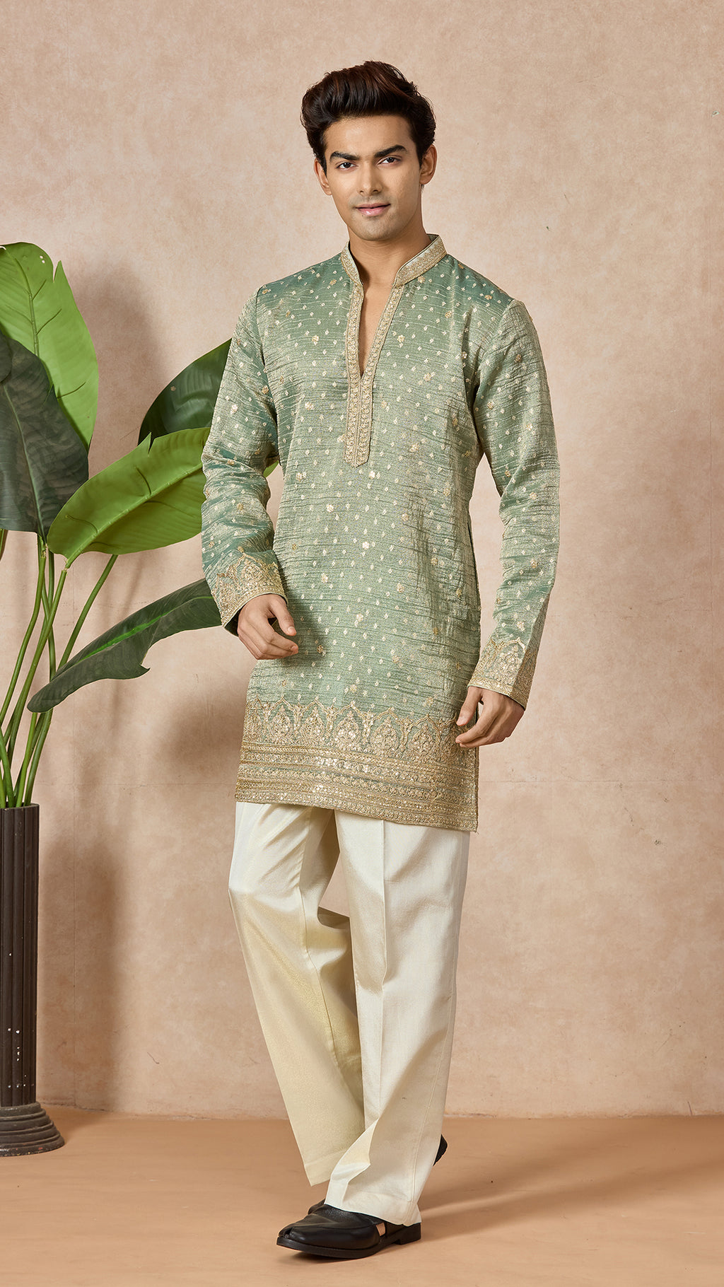 Green Pista V-Neck Short Kurta Set for Men with Korean Pants